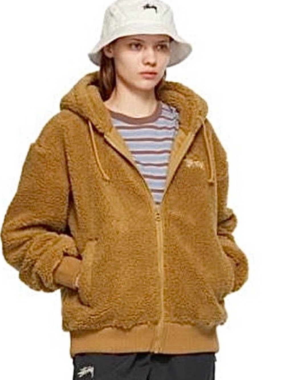 Stussy Sherpa Zip Hoodie Jacket S Brown/Embroidered Scrawl Logo Unisex Authentic